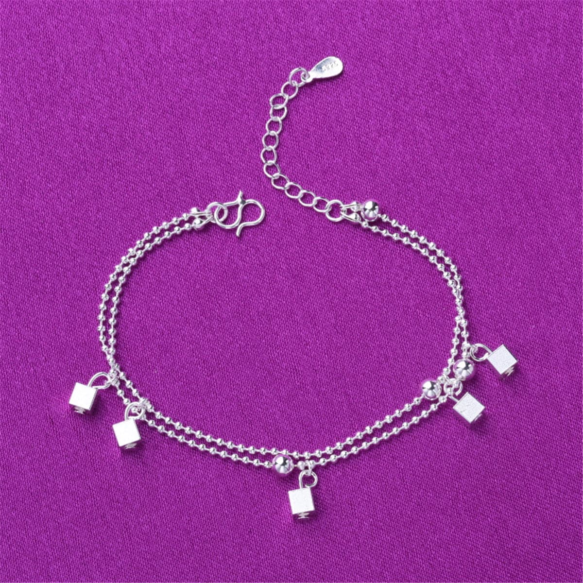 Silver-Plated Cube & Bead Double-Strand Anklet
