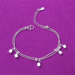 Silver-Plated Cube & Bead Double-Strand Anklet