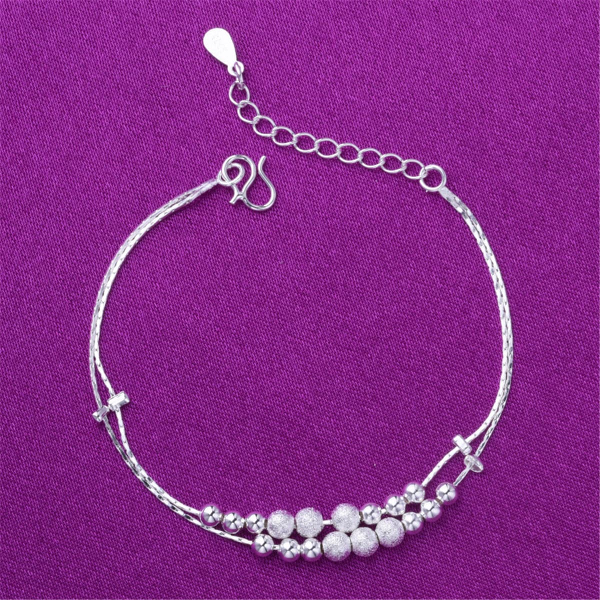 Silver-Plated Graduated Bead Double-Strand Anklet