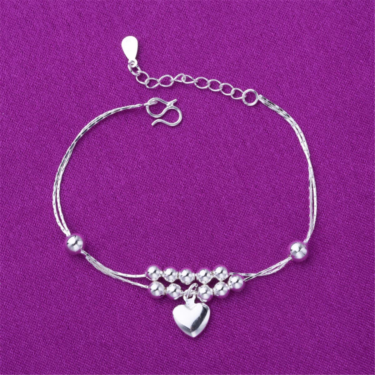 Silver-Plated Beaded Heart Charm Anklet
