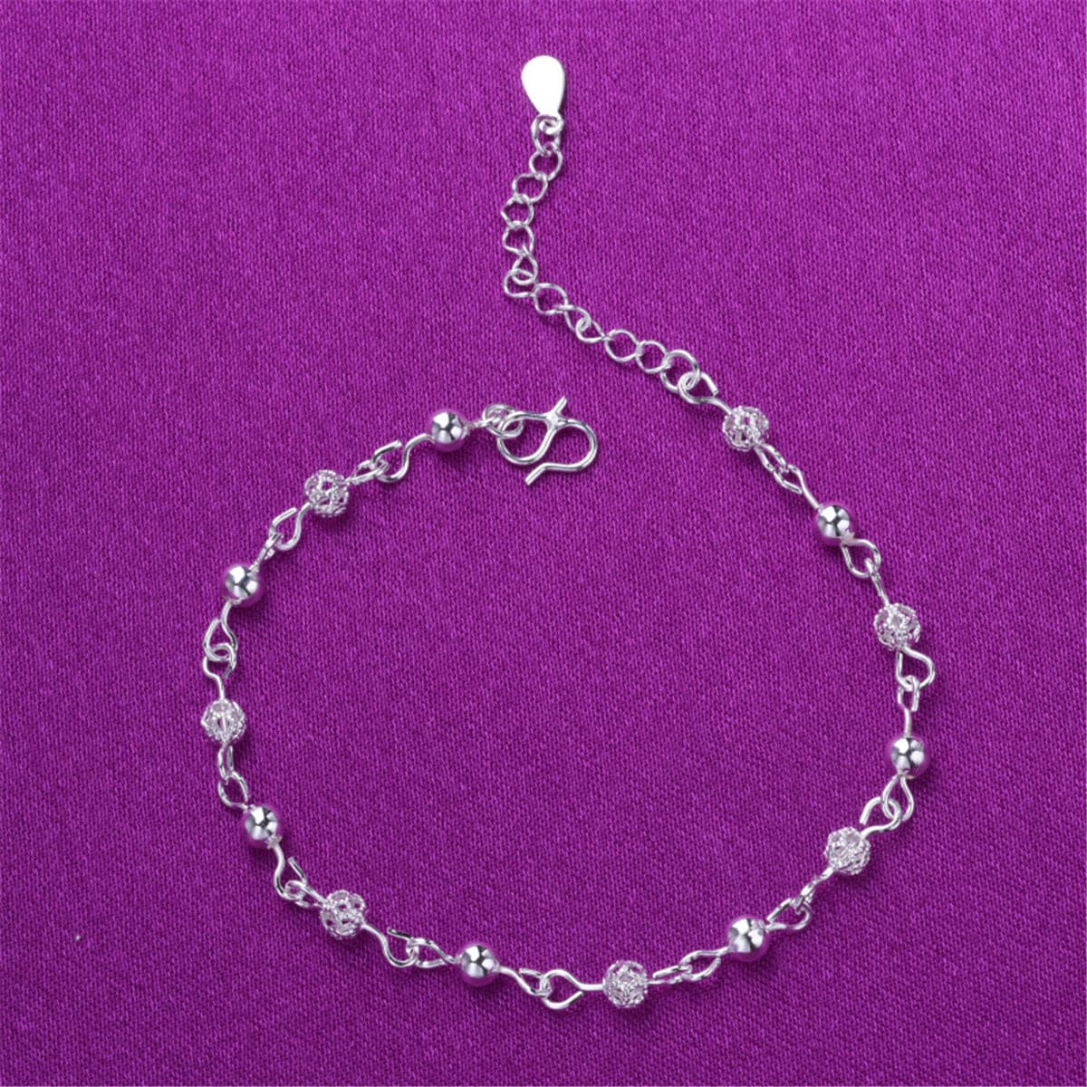 Silver-Plated Textured Bead Station Anklet