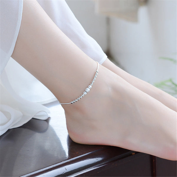 Silvertone Frosted Graduated Bead Anklet