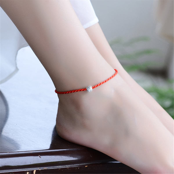 Red & Silvertone Frosted Bead-Accent Lucky Anklet