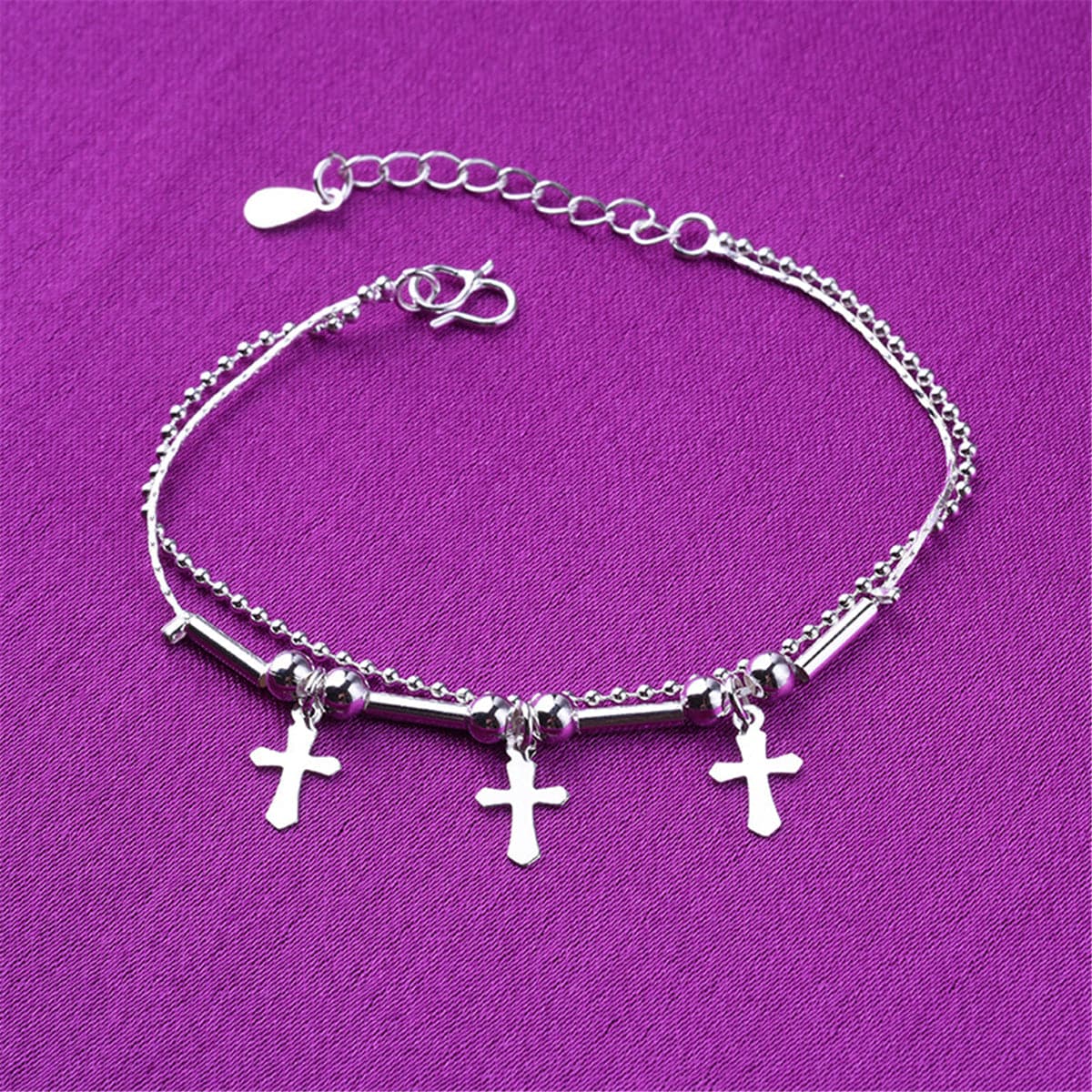 Silver-Plated Cross & Bead Double-Strand Anklet