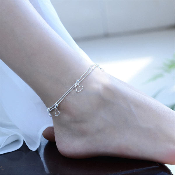 Silvertone Open Heart Layered Anklet