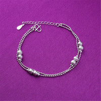 Fine Silver-Plated Frosted Bead Double-Strand Anklet