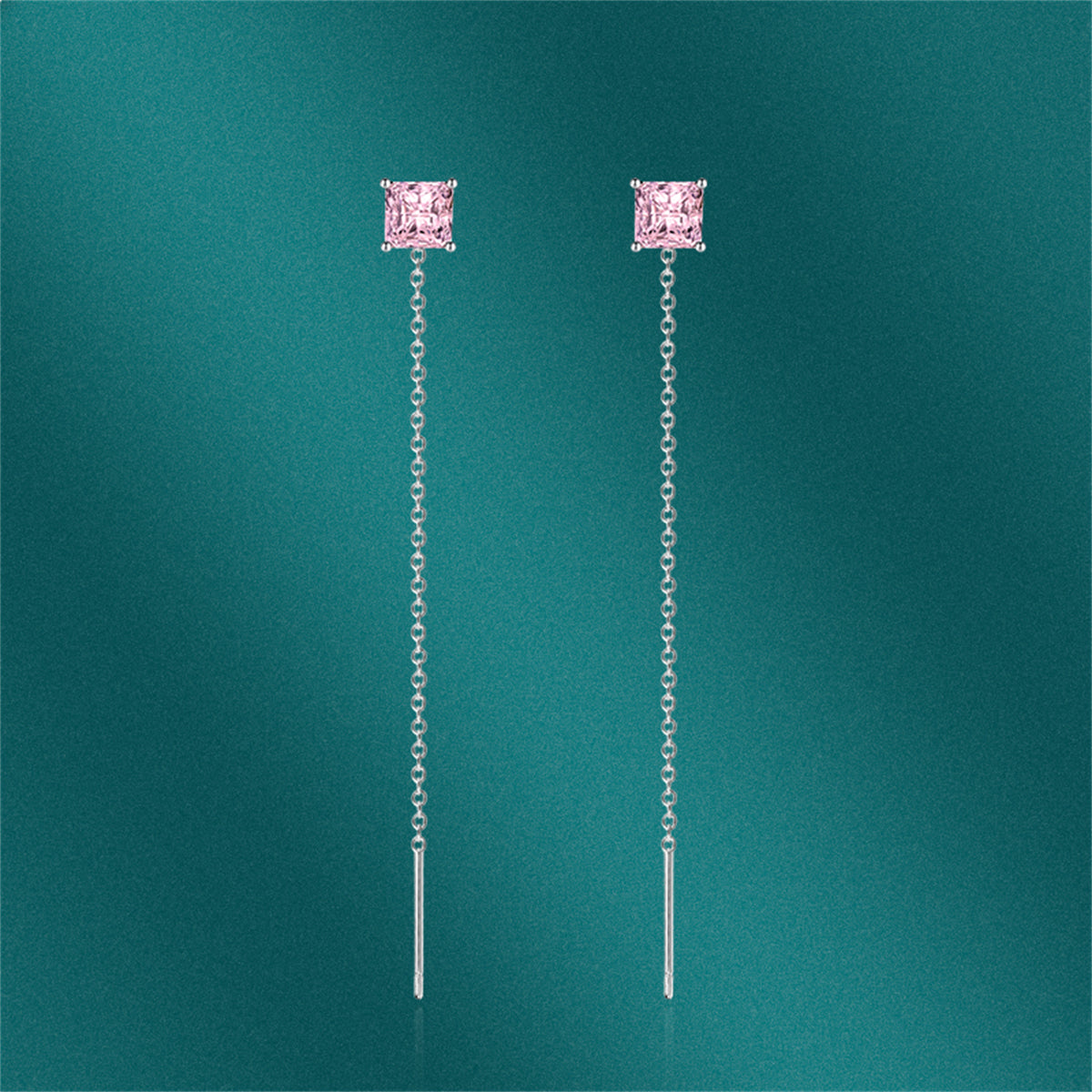 Pink Crystal & Silver-Plated Cube Ear Threaders
