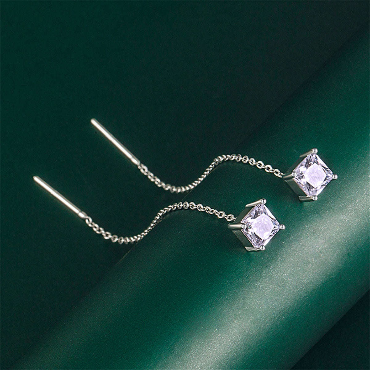 Purple Crystal & Silver-Plated Cube Threader Earrings