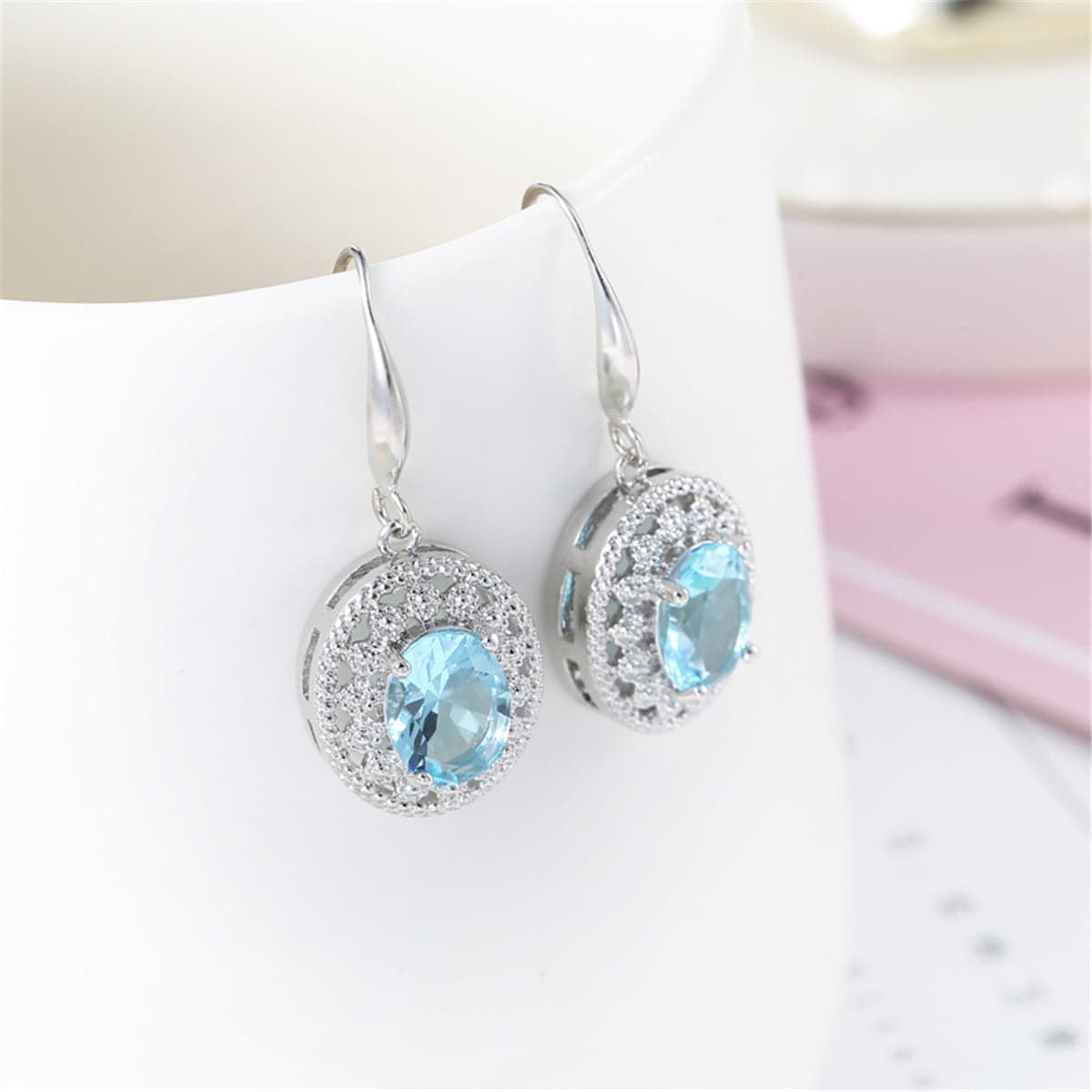 Sea Blue Crystal & Cubic Zirconia Silver-Plated Oval Drop Earrings