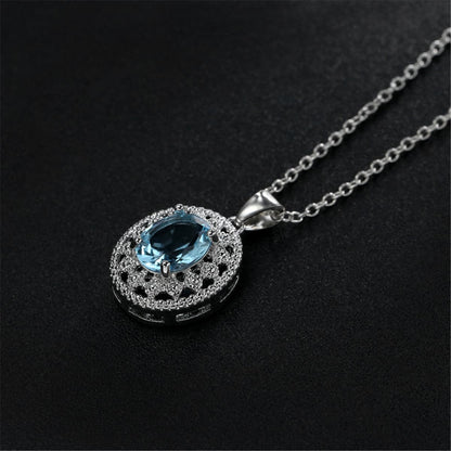 Sea Blue Crystal and Silver-Plated Oval Pendant Necklace, silver pendant necklace for women, everyday style, detail close-up