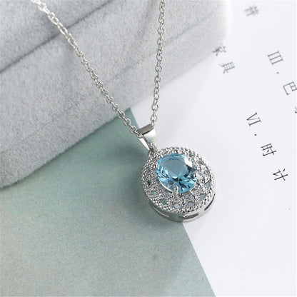 Sea Blue Crystal and Silver-Plated Oval Pendant Necklace, silver pendant necklace for women, everyday style, lifestyle look