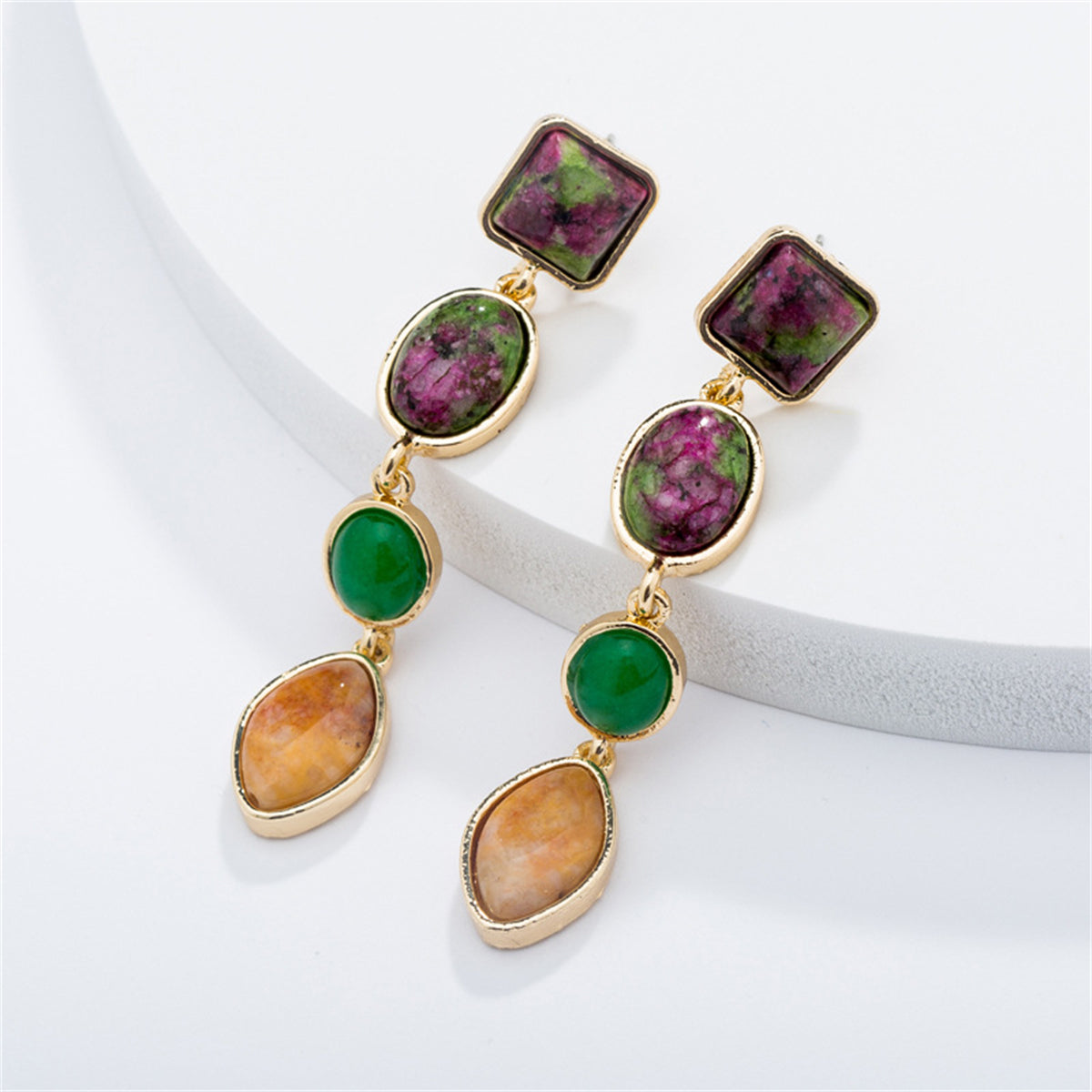 Green and Turquoise 18K Gold-Plated Drop Earrings, gold drop earrings for women, everyday style, front view