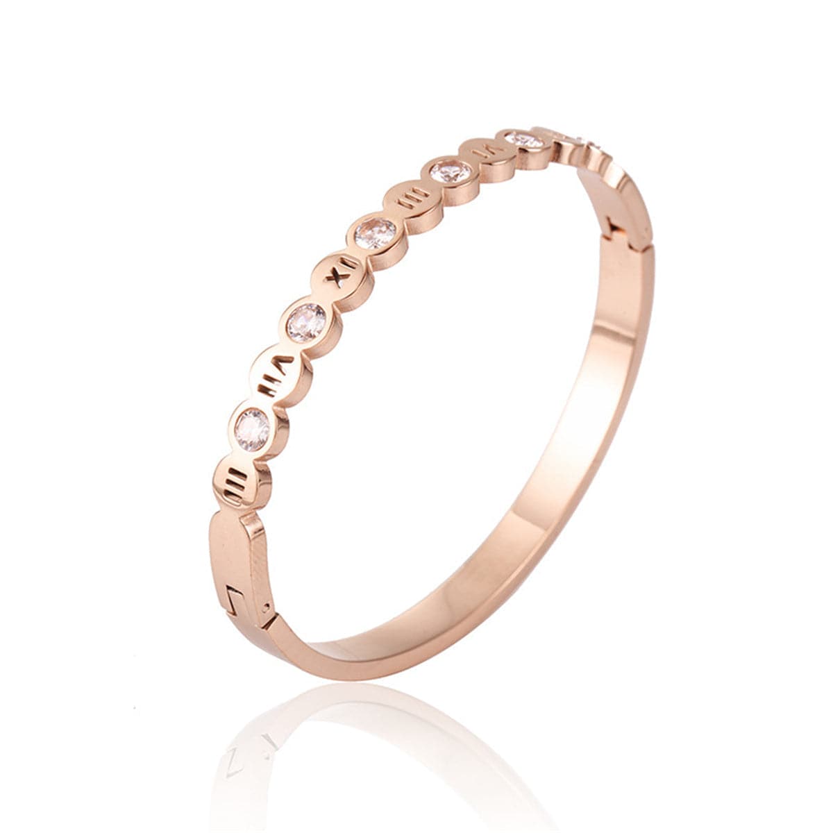 Cubic Zirconia & 18K Rose Gold-Plated Roman Numeral Bangle