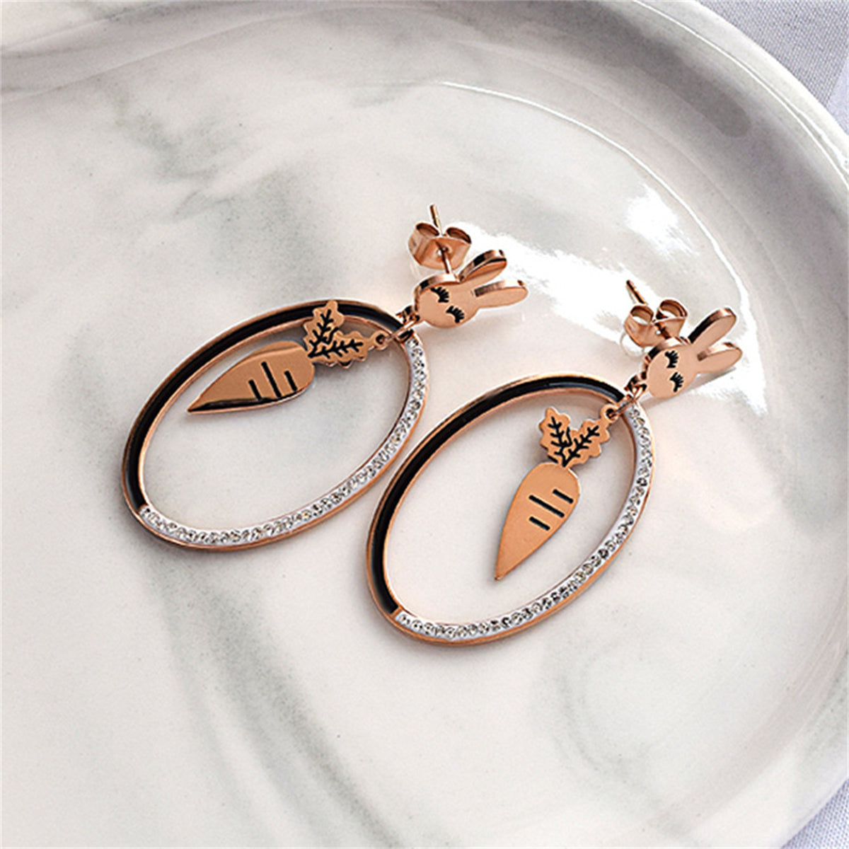 Cubic Zirconia & 18K Rose Gold-Plated Rabbit Carrot Oval Drop Earrings