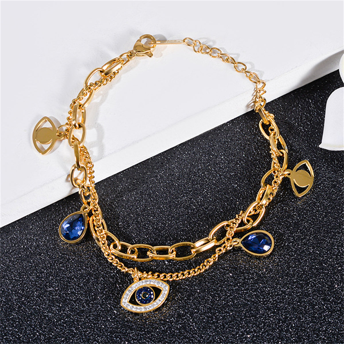 Crystal and Cubic Zirconia Devil Eye Station Layered Bracelet, bracelet for women, vintage-inspired design, side view