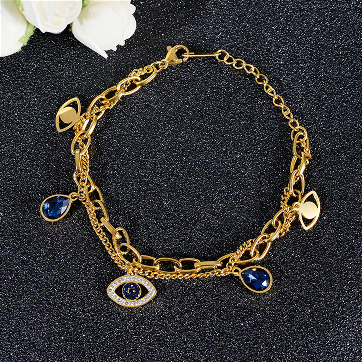 Crystal and Cubic Zirconia Devil Eye Station Layered Bracelet, bracelet for women, vintage-inspired design, detail close-up