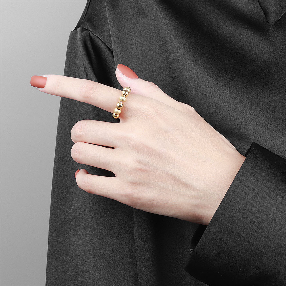 18K Gold-Plated Frosted Beaded Open Ring, gold statement rings for women, vintage-inspired design, side view