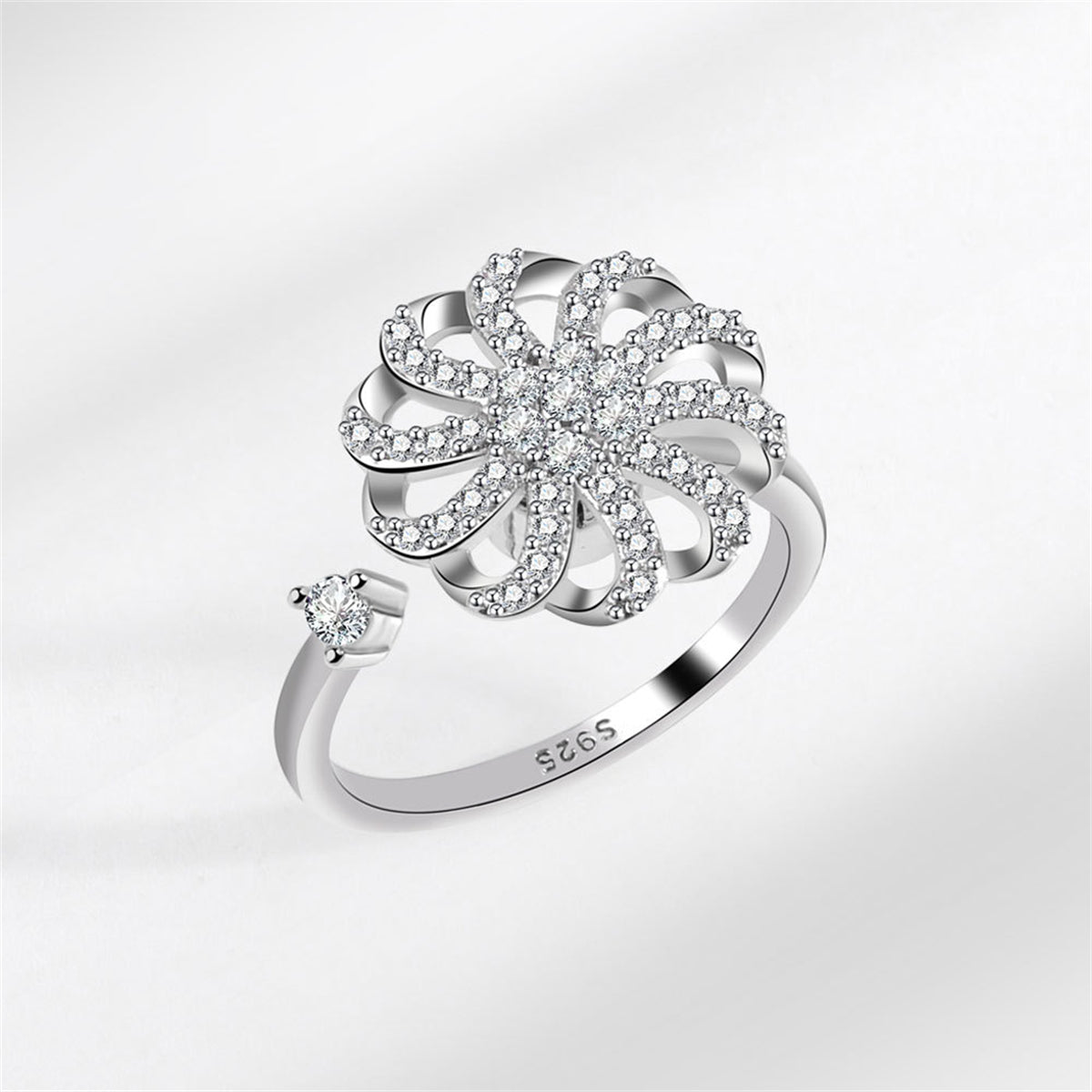 Cubic Zirconia and Silver-Plated Rotating Windmill Open Ring, silver statement rings for women, everyday style, front view