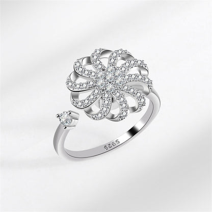 Cubic Zirconia and Silver-Plated Rotating Windmill Open Ring, silver statement rings for women, everyday style, front view