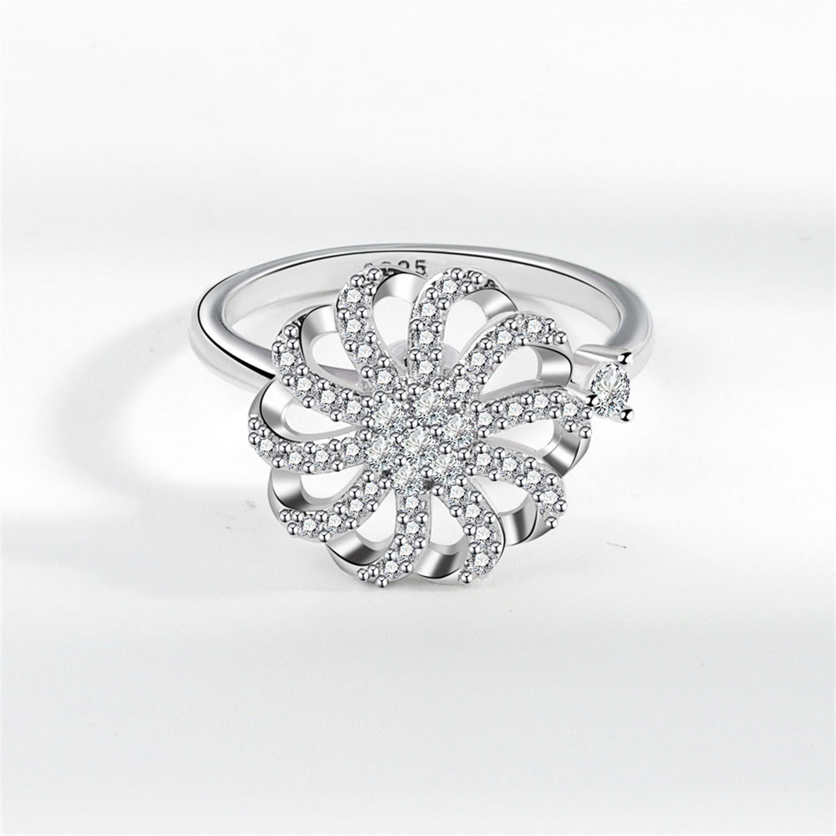 Cubic Zirconia and Silver-Plated Rotating Windmill Open Ring, silver statement rings for women, detail close-up