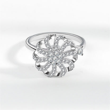 Cubic Zirconia and Silver-Plated Rotating Windmill Open Ring, silver statement rings for women, detail close-up