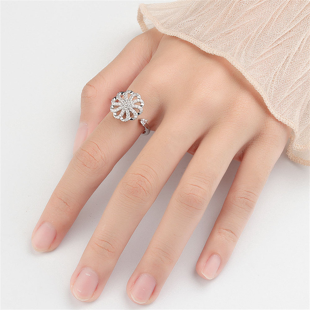 Cubic Zirconia and Silver-Plated Rotating Windmill Open Ring, silver statement rings for women, everyday style, styled look