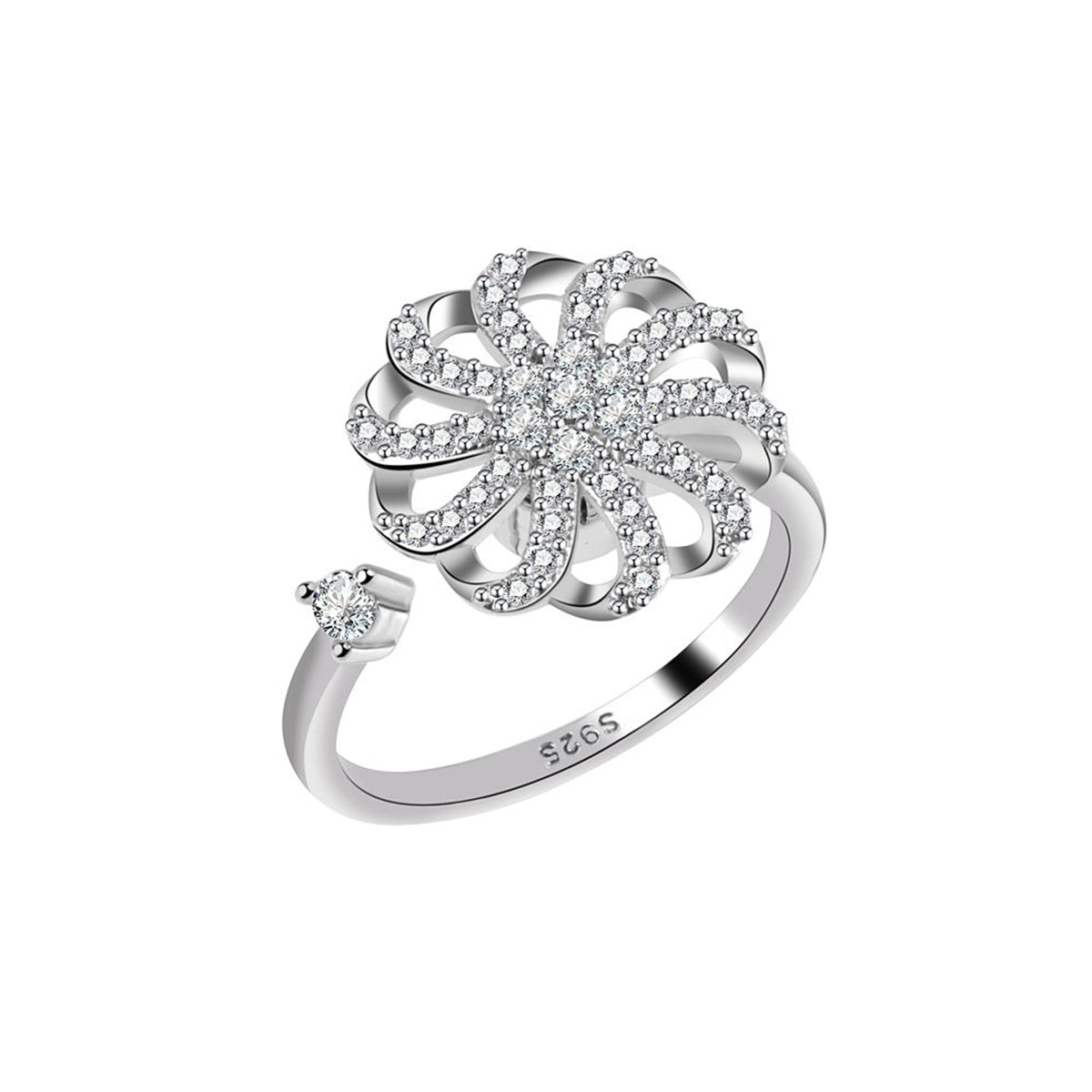 Cubic Zirconia and Silver-Plated Rotating Windmill Open Ring, silver statement rings for women, everyday style, side view