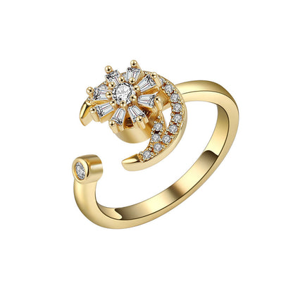 Crystal and 18K Gold-Plated Rotating Flower Moon Open Ring, gold statement rings for women, front view