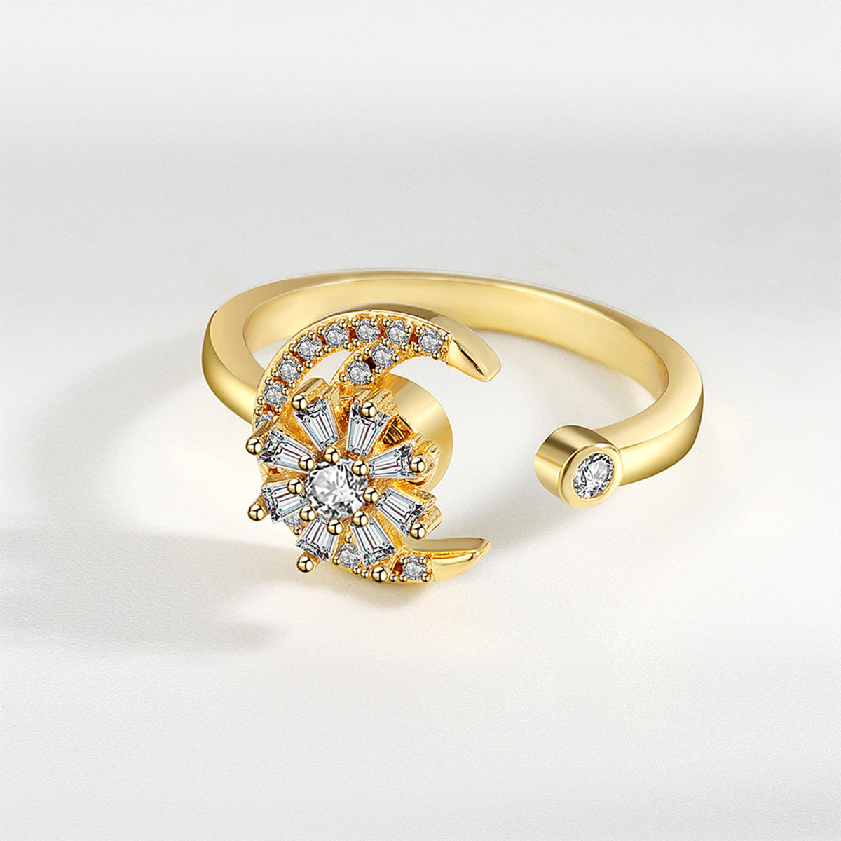 Crystal and 18K Gold-Plated Rotating Flower Moon Open Ring, gold statement rings for women, detail close-up