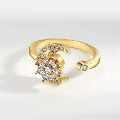 Crystal and 18K Gold-Plated Rotating Flower Moon Open Ring, gold statement rings for women, detail close-up