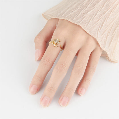 Crystal and 18K Gold-Plated Rotating Flower Moon Open Ring, gold statement rings for women, lifestyle look