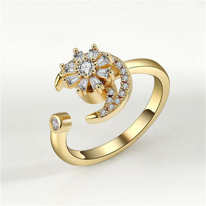 Crystal and 18K Gold-Plated Rotating Flower Moon Open Ring, gold statement rings for women, side view