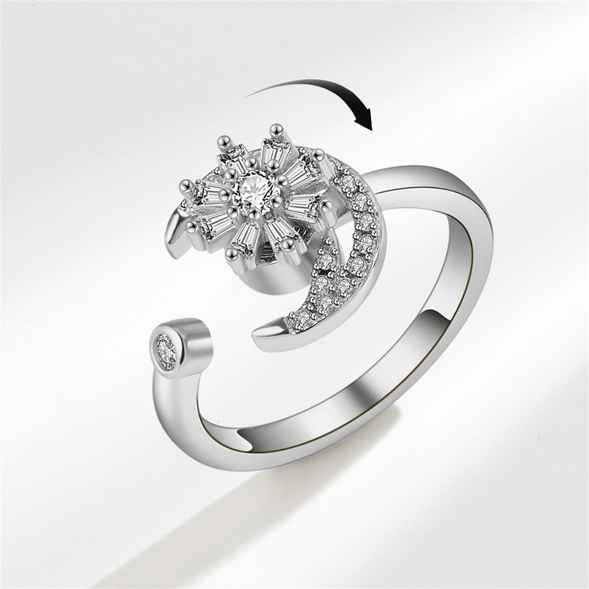 Crystal and Cubic Zirconia Rotating Floral Moon Ring, statement rings for women, vintage-inspired design, side view