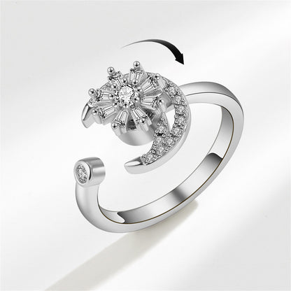 Crystal and Cubic Zirconia Rotating Floral Moon Ring, statement rings for women, vintage-inspired design, side view