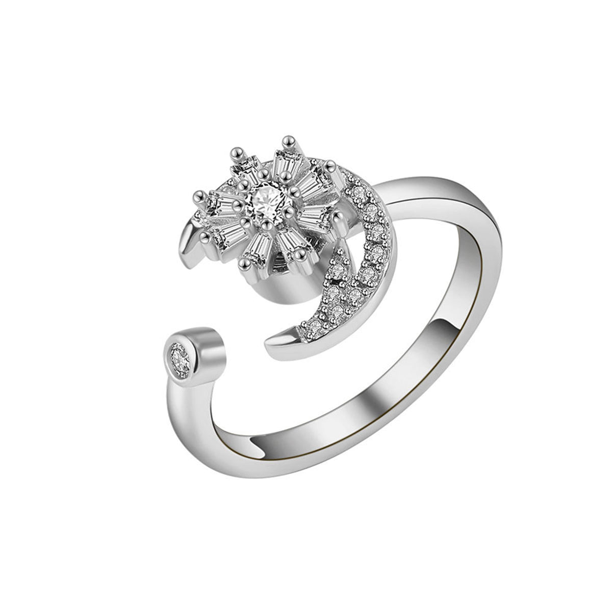 Crystal and Cubic Zirconia Rotating Floral Moon Ring, statement rings for women, vintage-inspired design, front view