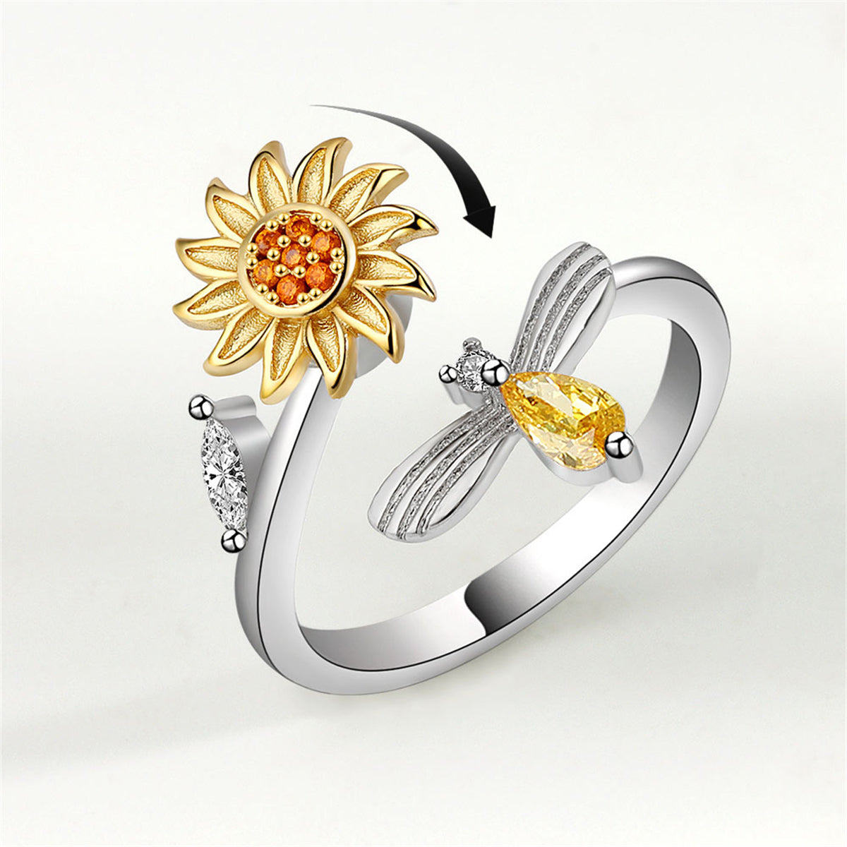 Yellow Crystal and Cubic Zirconia Rotatable Sunflower Bee Bypass Ring, statement rings for women, side view