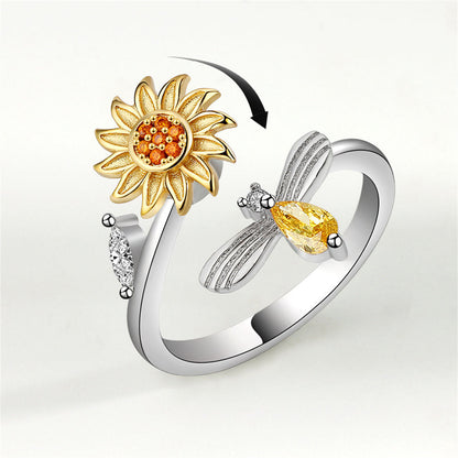 Yellow Crystal and Cubic Zirconia Rotatable Sunflower Bee Bypass Ring, statement rings for women, side view