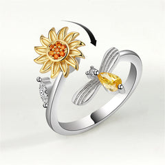 Yellow Crystal & Cubic Zirconia Rotatable Sunflower Bee Bypass Ring