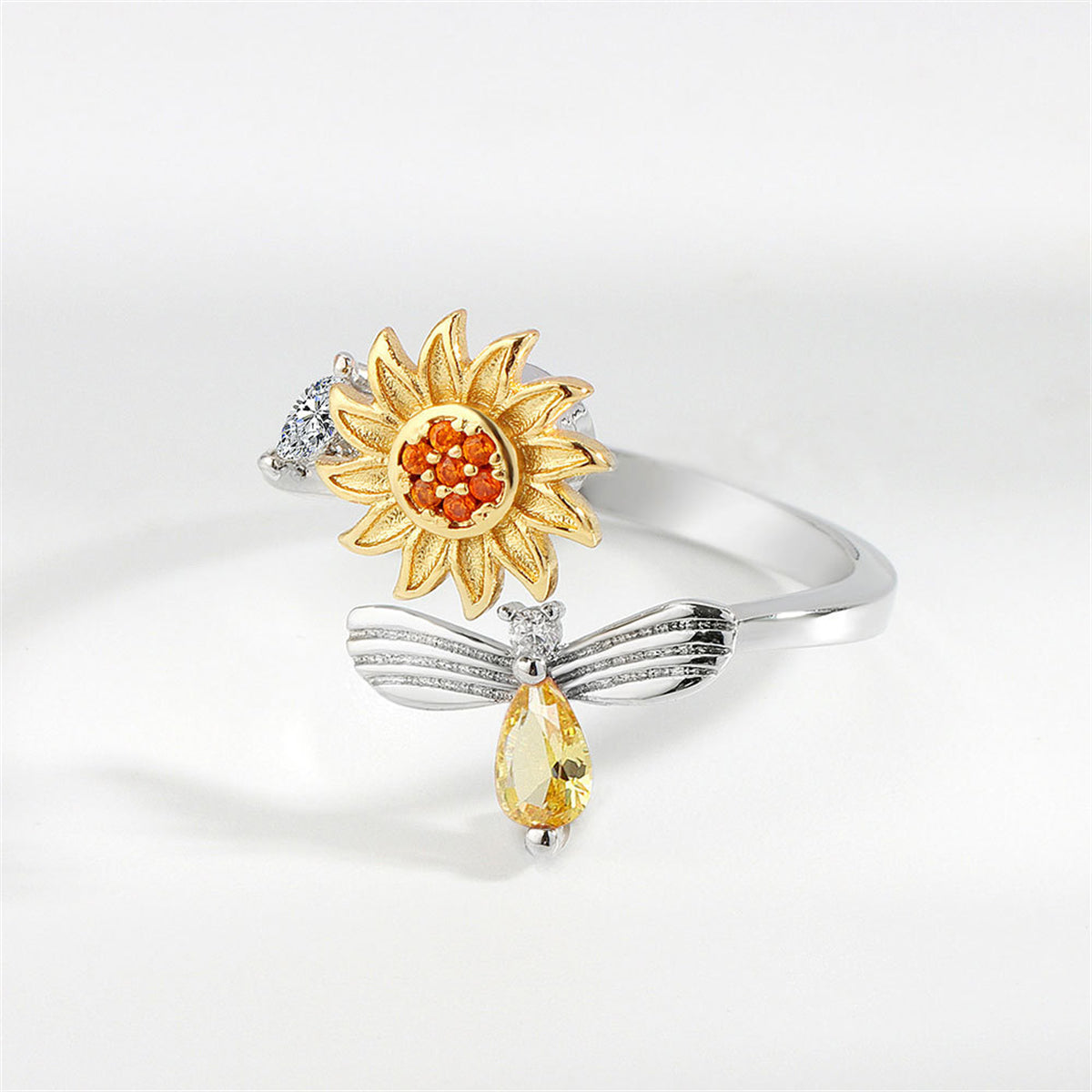 Yellow Crystal and Cubic Zirconia Rotatable Sunflower Bee Bypass Ring, statement rings for women, detail close-up