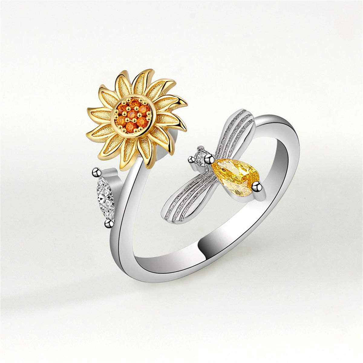 Yellow Crystal & Cubic Zirconia Rotatable Sunflower Bee Bypass Ring