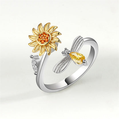 Yellow Crystal and Cubic Zirconia Rotatable Sunflower Bee Bypass Ring, statement rings for women, lifestyle look