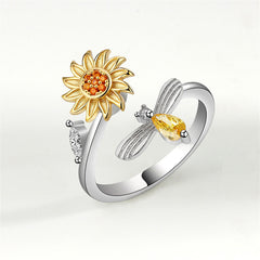 Yellow Crystal & Cubic Zirconia Rotatable Sunflower Bee Bypass Ring