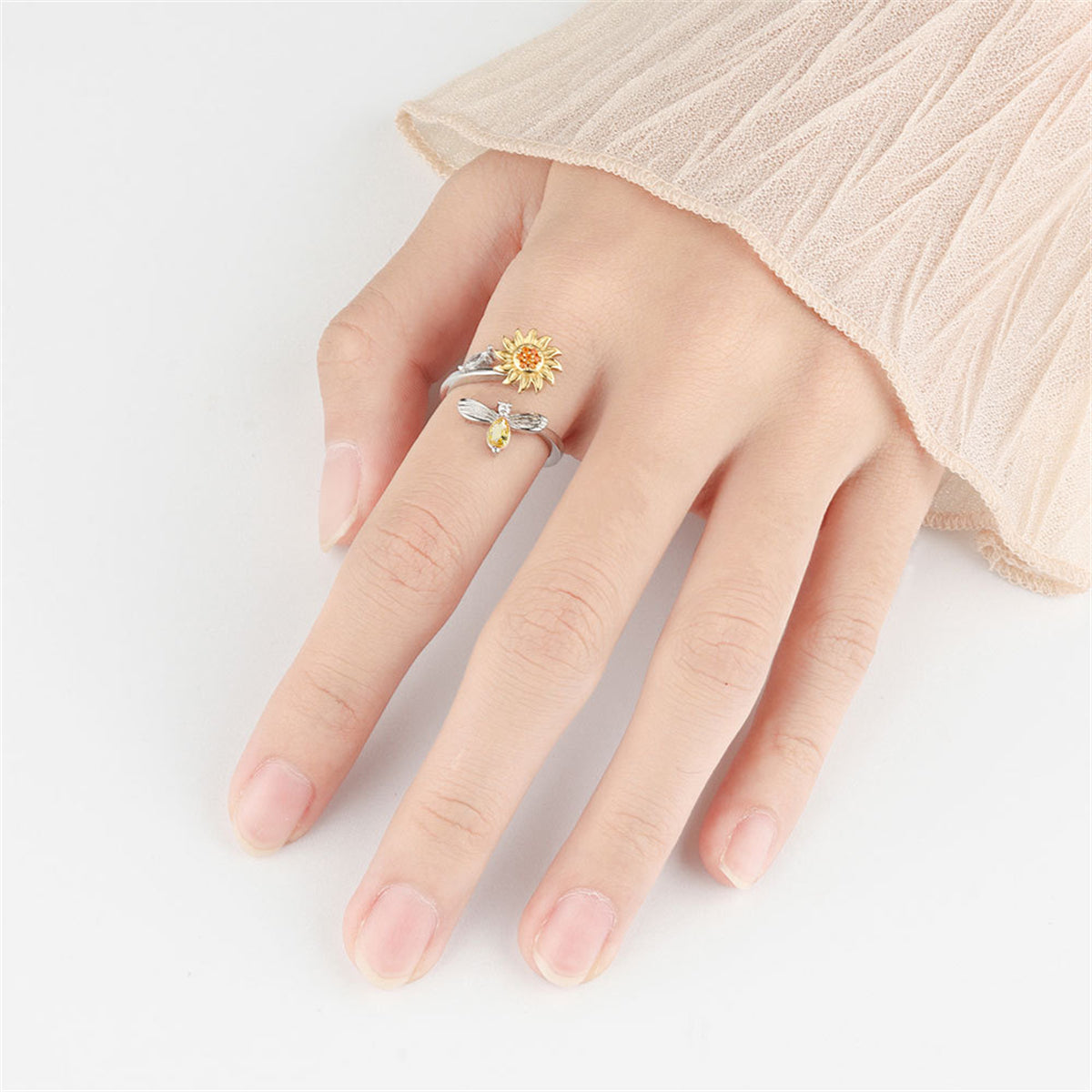 Yellow Crystal & Cubic Zirconia Rotatable Sunflower Bee Bypass Ring