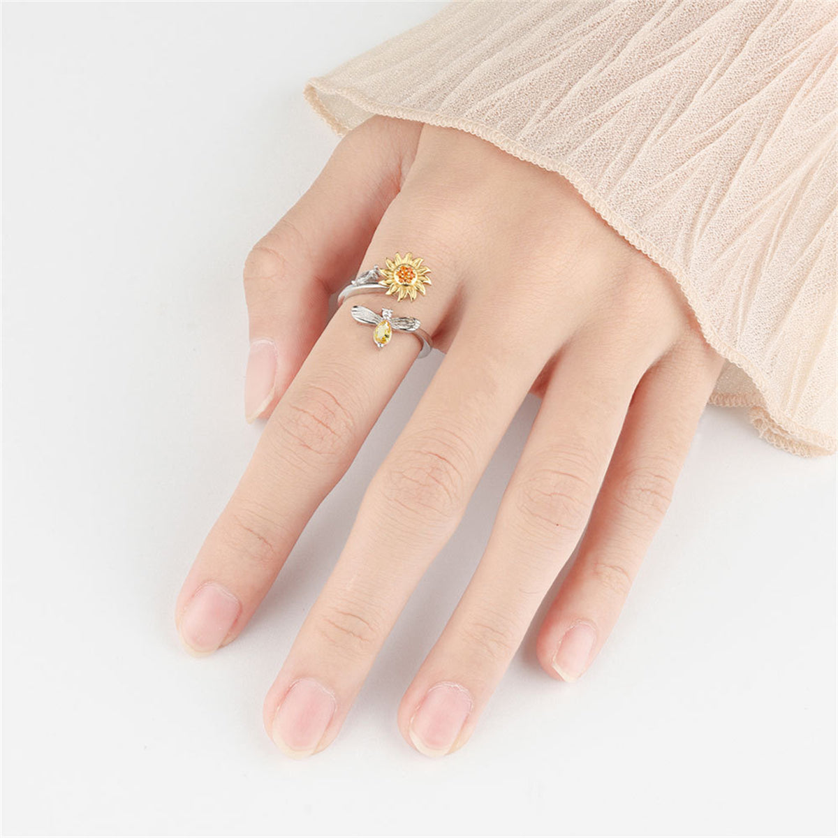 Yellow Crystal and Cubic Zirconia Rotatable Sunflower Bee Bypass Ring, statement rings for women, styled look
