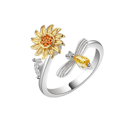Yellow Crystal and Cubic Zirconia Rotatable Sunflower Bee Bypass Ring, statement rings for women, front view