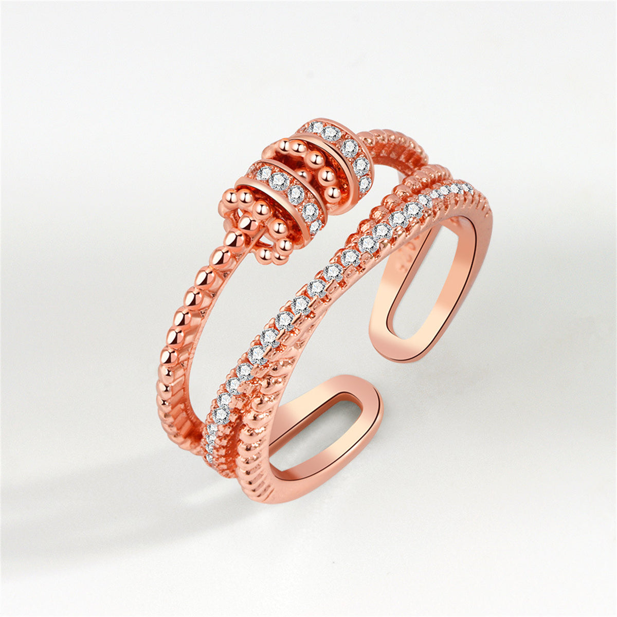 Cubic Zirconia and 18K Rose Gold-Plated Coil Open Ring, rose gold statement rings for women, botanical inspired, front view