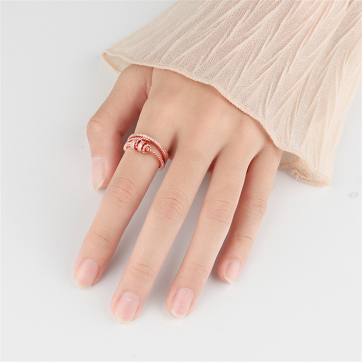 Cubic Zirconia and 18K Rose Gold-Plated Coil Open Ring, rose gold statement rings for women, lifestyle look