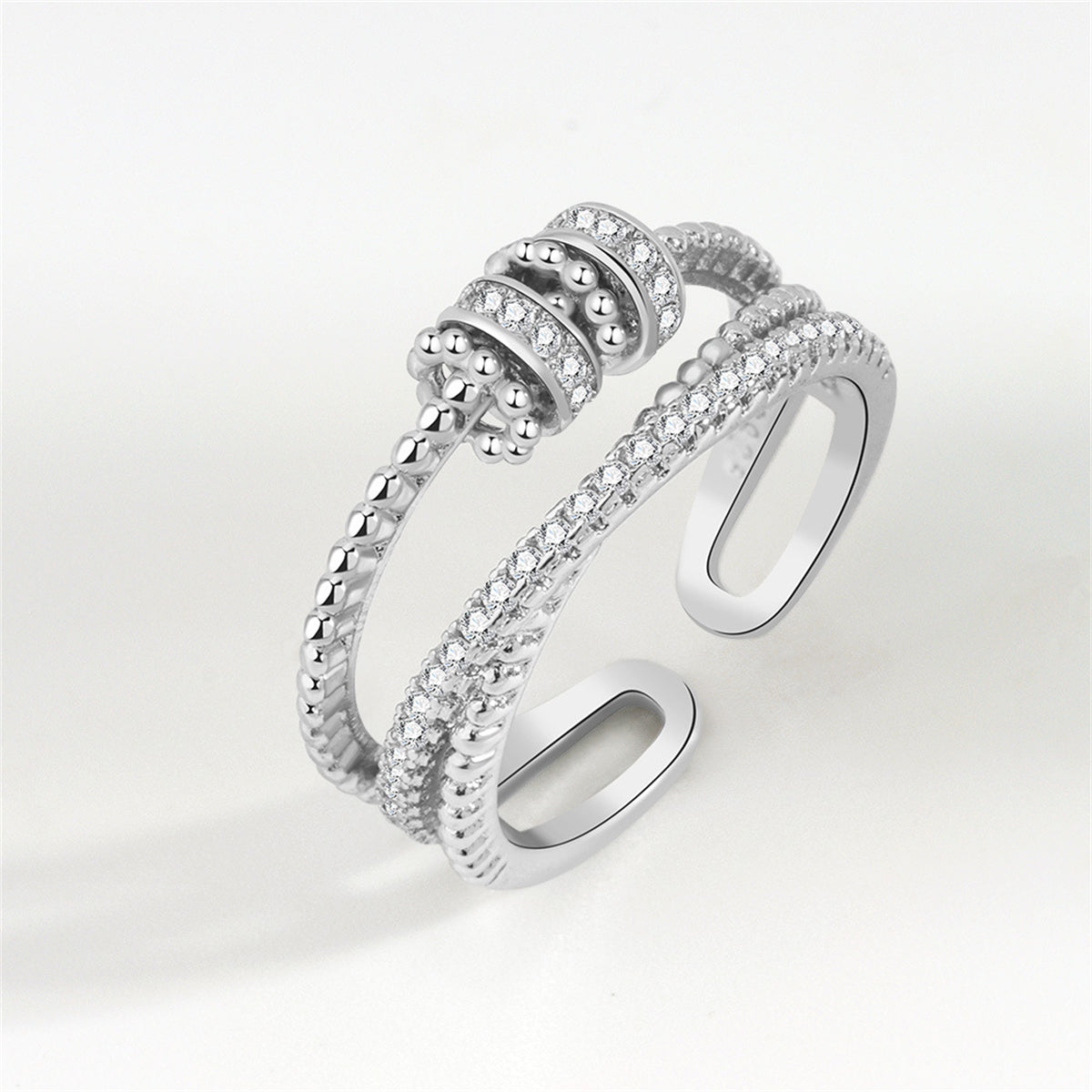 Cubic Zirconia and Silver-Plated Coil Crisscross Open Ring, silver statement rings for women, botanical inspired, front view