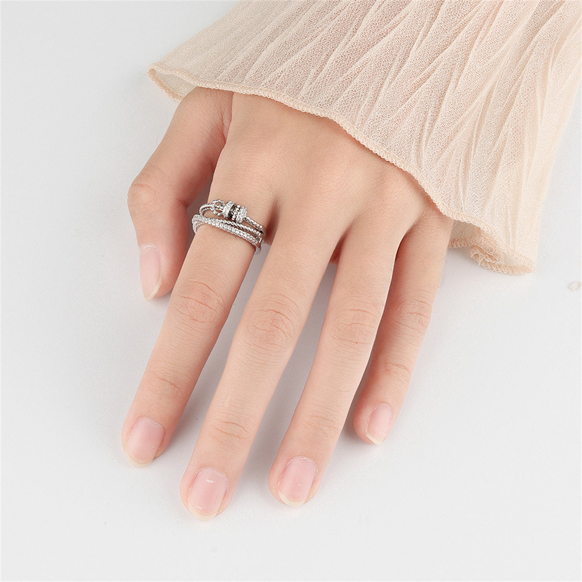 Cubic Zirconia and Silver-Plated Coil Crisscross Open Ring, silver statement rings for women, botanical inspired, side view