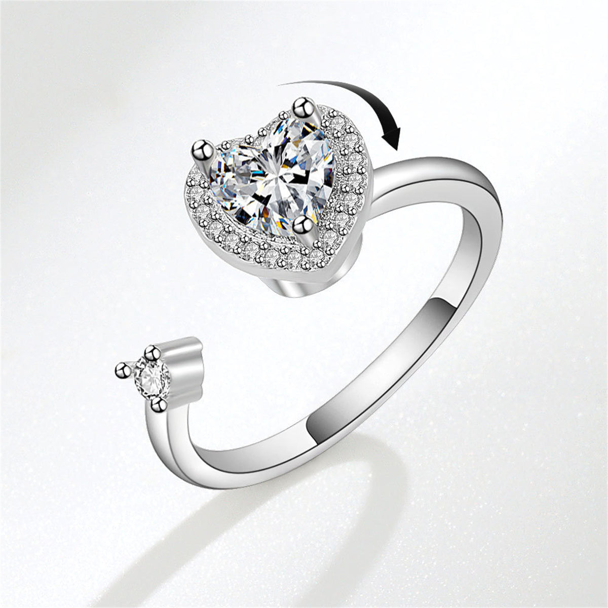 Crystal and Cubic Zirconia Silver-Plated Rotating Heart Open Ring, silver statement rings for women, front view